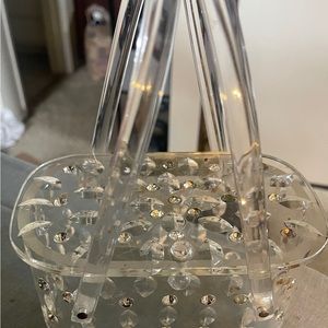 Vintage Clear Lucite Clutch with Rhinestones, 1950s Mid Century Evening Bag